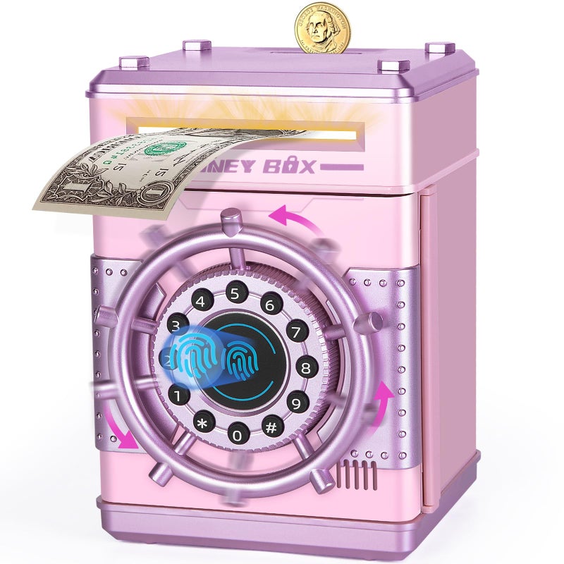 Refasy Piggy Banks for Girls, Electronic Money Bank Password Money Safe Cash Coin Piggy Bank, Fingerprint Simulation Bank Toys for 3 4 5 6 7 8 9 10 12 Year Old Girls Kids Birthday Xmas Gifts (Pink) - Image 1