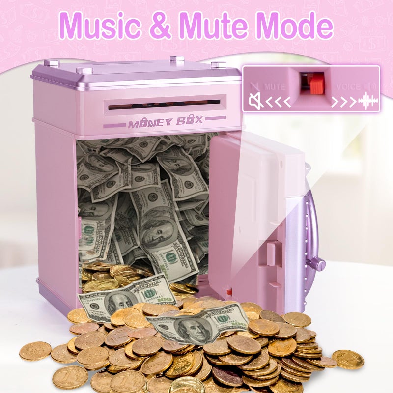 Refasy Piggy Banks for Girls, Electronic Money Bank Password Money Safe Cash Coin Piggy Bank, Fingerprint Simulation Bank Toys for 3 4 5 6 7 8 9 10 12 Year Old Girls Kids Birthday Xmas Gifts (Pink) - Image 5