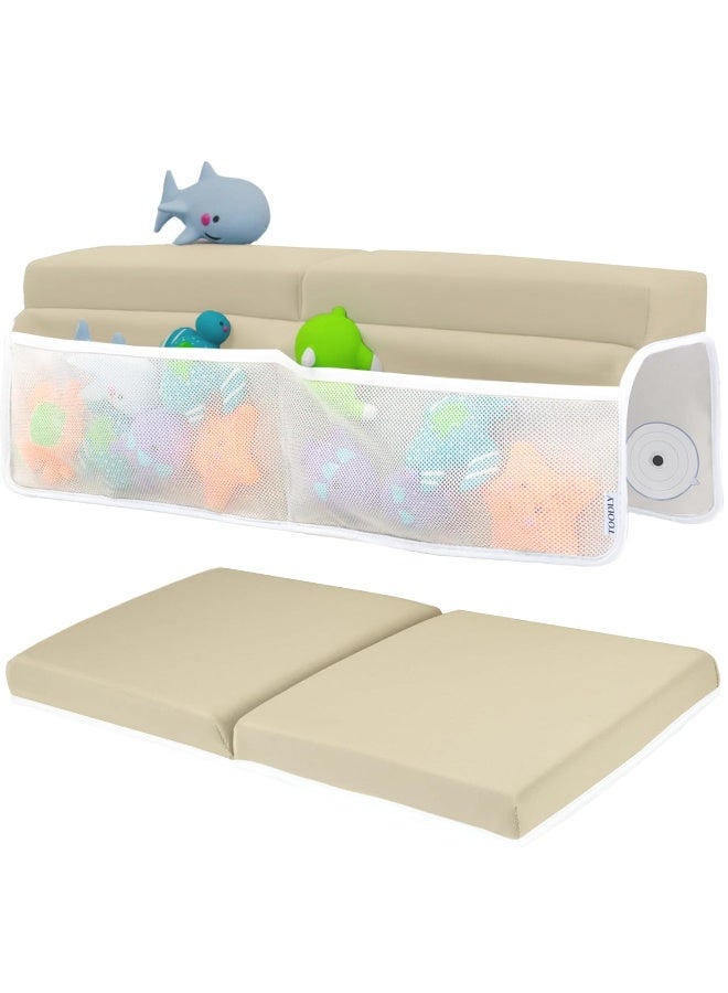 Toodly Comfortable Baby Bath Kneeler and Elbow Rest Pad Set – Thick Memory Foam Bath Kneeling Pad with Elbow Support – Baby Bathtub Cushion with Toy Organizer for Bathing Infant or Toddler - Beige - Image 1