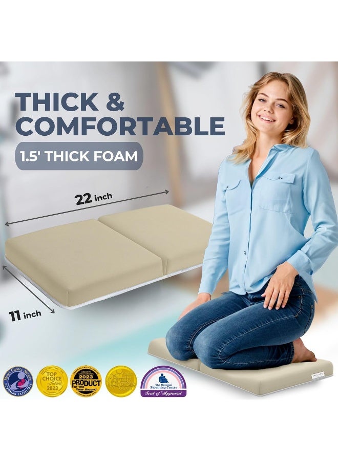 Toodly Comfortable Baby Bath Kneeler and Elbow Rest Pad Set – Thick Memory Foam Bath Kneeling Pad with Elbow Support – Baby Bathtub Cushion with Toy Organizer for Bathing Infant or Toddler - Beige - Image 2