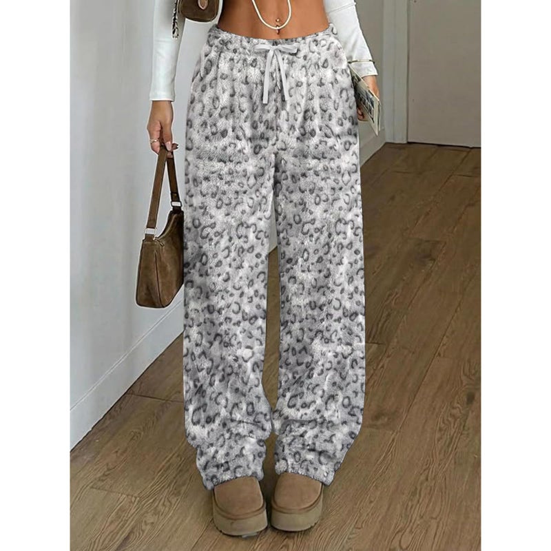 RONGTAI Pajama Pants for Women Leopard Print Pants Soft Flannel Pj Bottoms with Pocket Drawstring Casual Elastic Casual Trousers Grey XL - Image 2