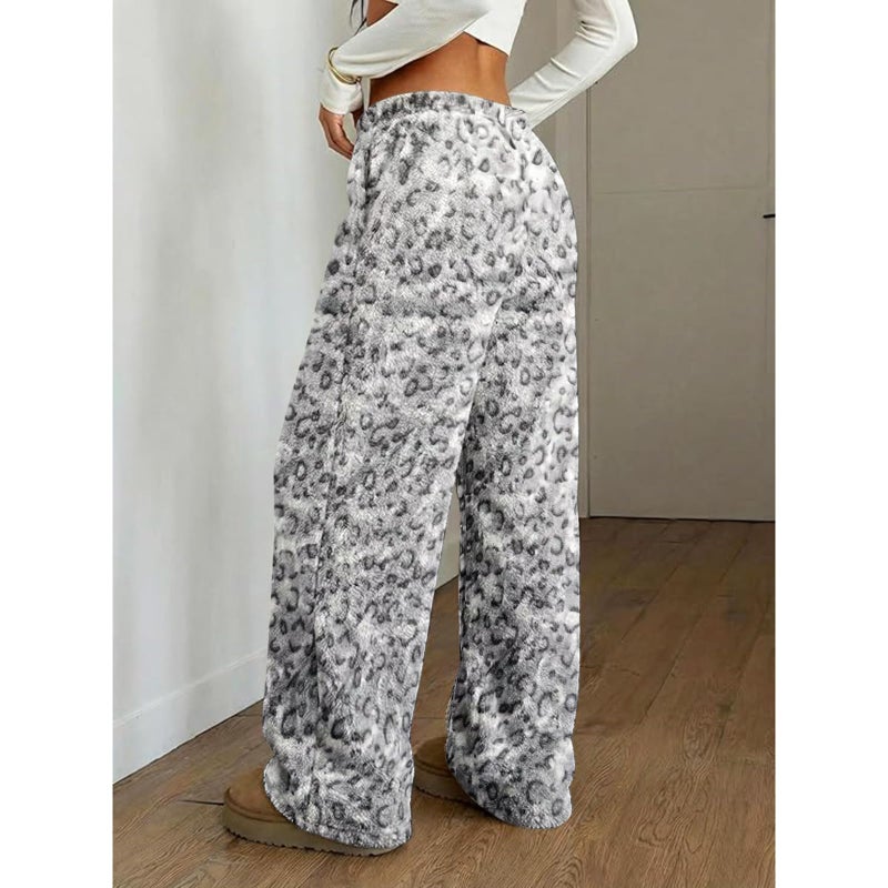RONGTAI Pajama Pants for Women Leopard Print Pants Soft Flannel Pj Bottoms with Pocket Drawstring Casual Elastic Casual Trousers Grey XL - Image 4