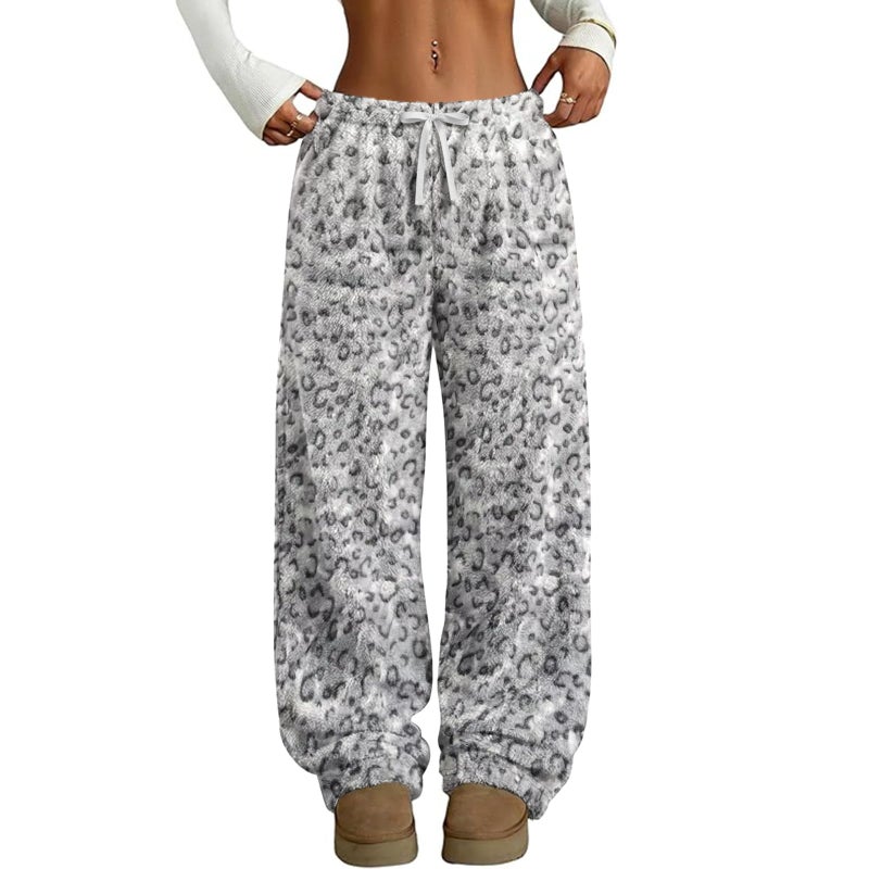 RONGTAI Pajama Pants for Women Leopard Print Pants Soft Flannel Pj Bottoms with Pocket Drawstring Casual Elastic Casual Trousers Grey XL - Image 1