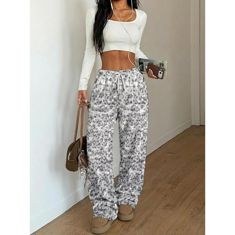 RONGTAI Pajama Pants for Women Leopard Print Pants Soft Flannel Pj Bottoms with Pocket Drawstring Casual Elastic Casual Trousers Grey XL - Image 5