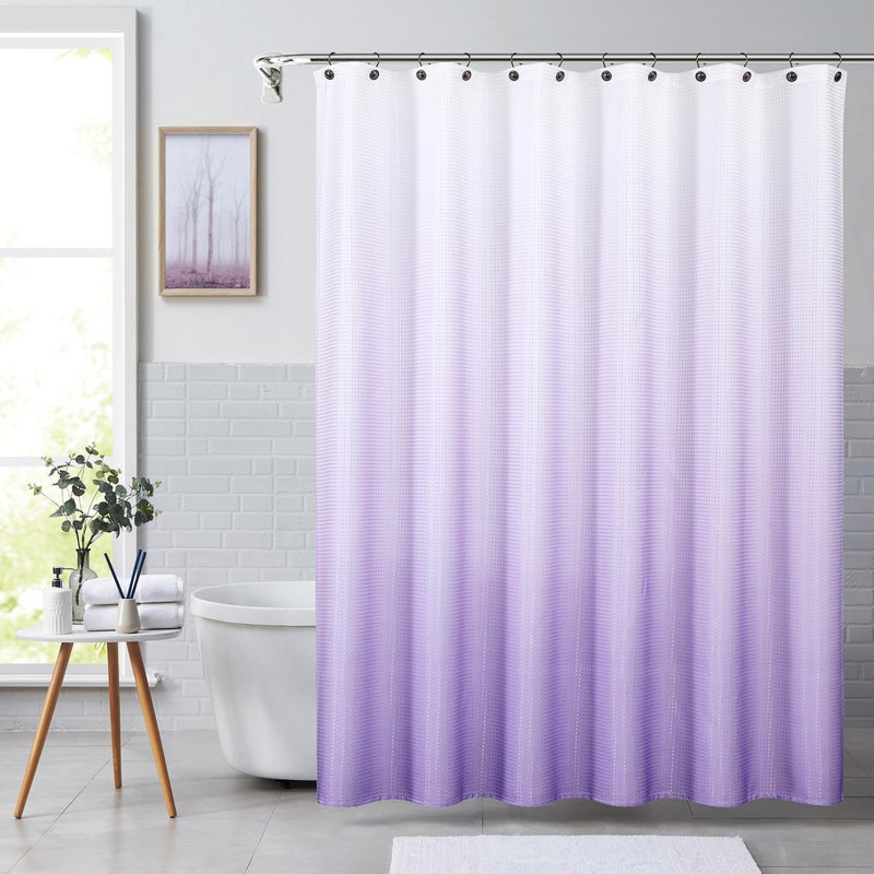 Lavender Ombre Waffle Weave Shower Curtain Water Resistant Gradient Print Bathroom Spa Hotel Decorative Fabric Shower Curtain Liner with 12 Grommets Cream White to Purple 70x72