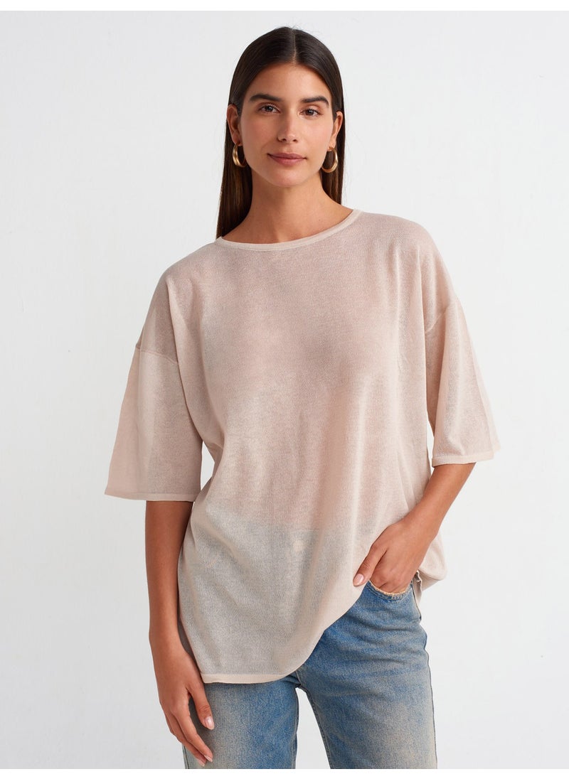 Dilvin 10550 Crew Neck Short Sleeve Transparent Knitwear Blouse-Beige  - Image 1