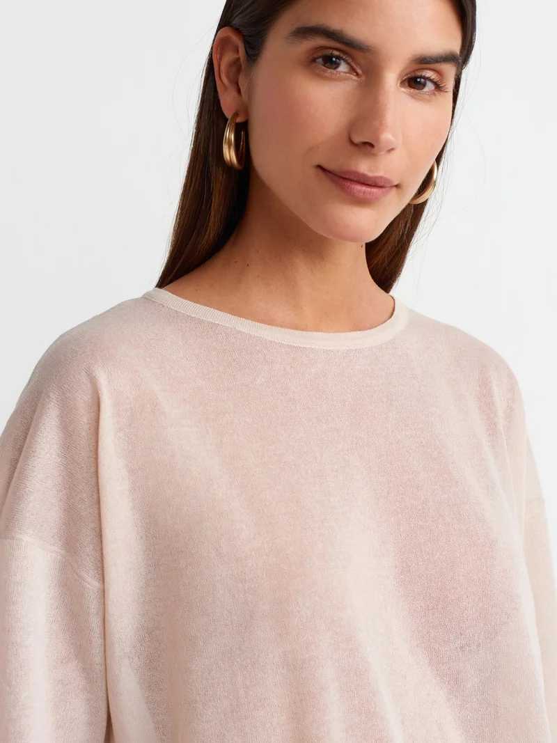 ديلفين 10550 Crew Neck Short Sleeve Transparent Knitwear Blouse-Beige
