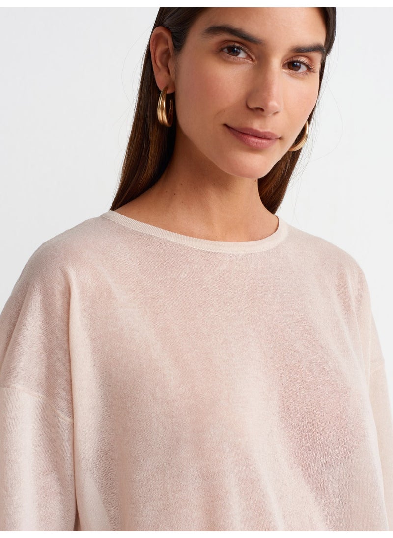 Dilvin 10550 Crew Neck Short Sleeve Transparent Knitwear Blouse-Beige  - Image 4