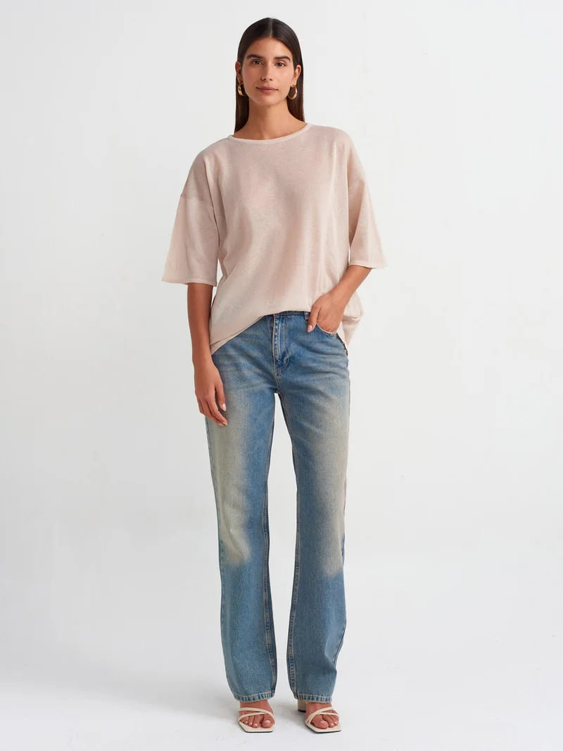 ديلفين 10550 Crew Neck Short Sleeve Transparent Knitwear Blouse-Beige