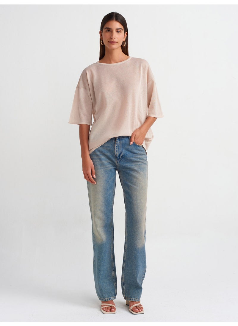 Dilvin 10550 Crew Neck Short Sleeve Transparent Knitwear Blouse-Beige  - Image 3