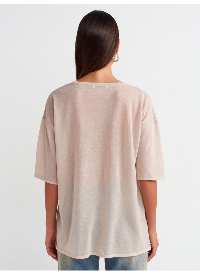 Dilvin 10550 Crew Neck Short Sleeve Transparent Knitwear Blouse-Beige  - Image 2