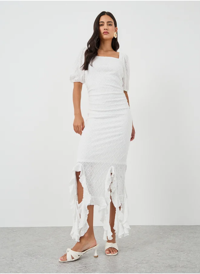 ستايلي Self Design Ruffled Asymmetric Hem Sheath Midi Dress