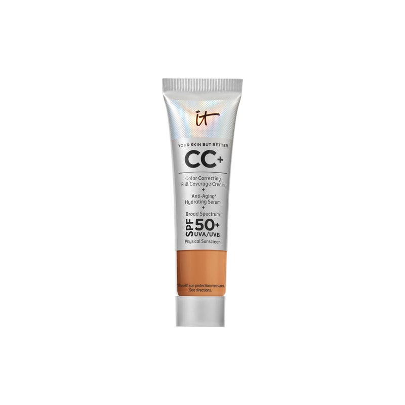 كريم سي سي من آي تي كوسميتيكس للسفر بتان طبيعي مع تغطية كاملة مع واقي شمس SPF 50 مصحح لون سيروم مضاد للشيخوخة مرطب حمض الهيالورونيك ببتيدات يدوم حتى 24 ساعة 04 أونصة سائلة