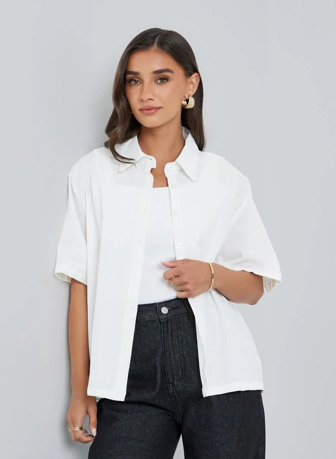 Styli  Women White Solid Oversize Short Sleeve Shirt for Women | Best Price UAE