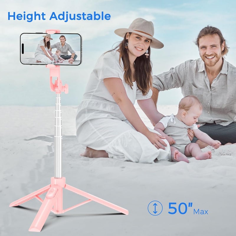 Liphisy Selfie Stick Travel Tripod for Cell Phone with Remote Control and Phone Holder, Extendable Selfie Stick for iPhone, iPhone Tripod for Video Recording, 50 Inch, Pink - Image 3