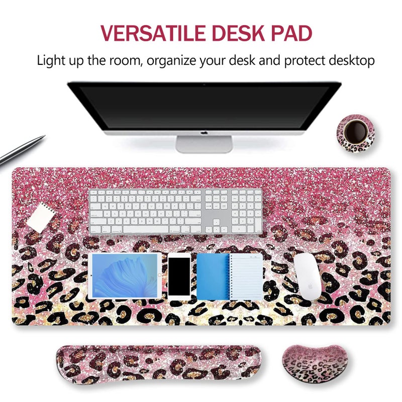ARTSO Extended Gaming Mouse Pad Set, Keyboard Wrist Rest Support Pad + Wrist Cushion + XXL Large Mouse Pad + Coaster, Stitched Edge, Non-Slip, Memory Foam Desk Mat, Pink Leopard Print - Image 2