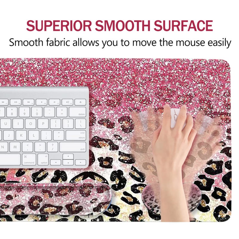 ARTSO Extended Gaming Mouse Pad Set, Keyboard Wrist Rest Support Pad + Wrist Cushion + XXL Large Mouse Pad + Coaster, Stitched Edge, Non-Slip, Memory Foam Desk Mat, Pink Leopard Print - Image 3