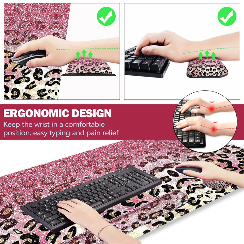 ARTSO Extended Gaming Mouse Pad Set, Keyboard Wrist Rest Support Pad + Wrist Cushion + XXL Large Mouse Pad + Coaster, Stitched Edge, Non-Slip, Memory Foam Desk Mat, Pink Leopard Print - Image 5