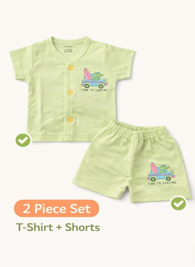 CUTEABLY Baby Gift Set New Born Cotton Jhabla Clothes Printd, 0-3 Months, 2 Piece Set (Green) - Image 3