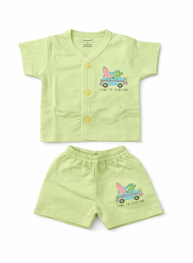 CUTEABLY Baby Gift Set New Born Cotton Jhabla Clothes Printd, 0-3 Months, 2 Piece Set (Green) - Image 1