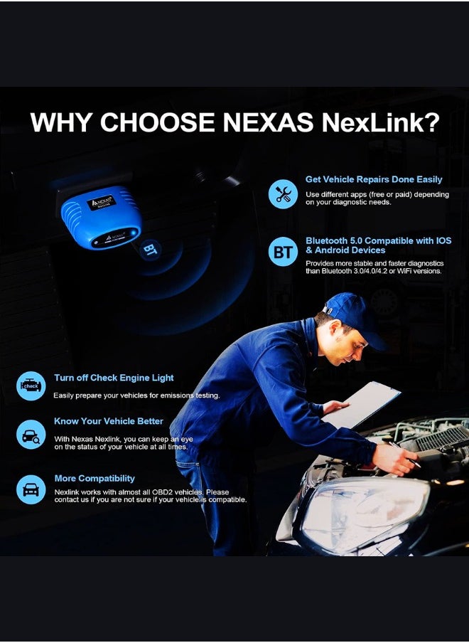 NEXUS - NexLink OBD2 Scanner Bluetooth 5 Wireless Compatible with Third Party Apps Universal Code Reader for Cars and Motorcycles Fault Check OBDII Scan Tool - Image 1