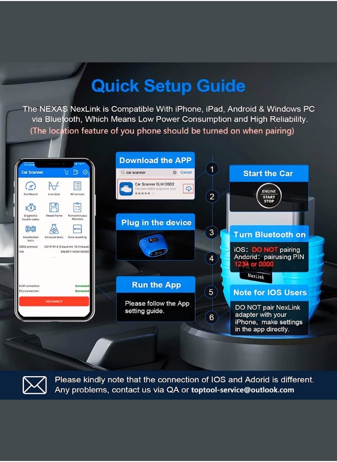 NEXUS - NexLink OBD2 Scanner Bluetooth 5 Wireless Compatible with Third Party Apps Universal Code Reader for Cars and Motorcycles Fault Check OBDII Scan Tool - Image 1