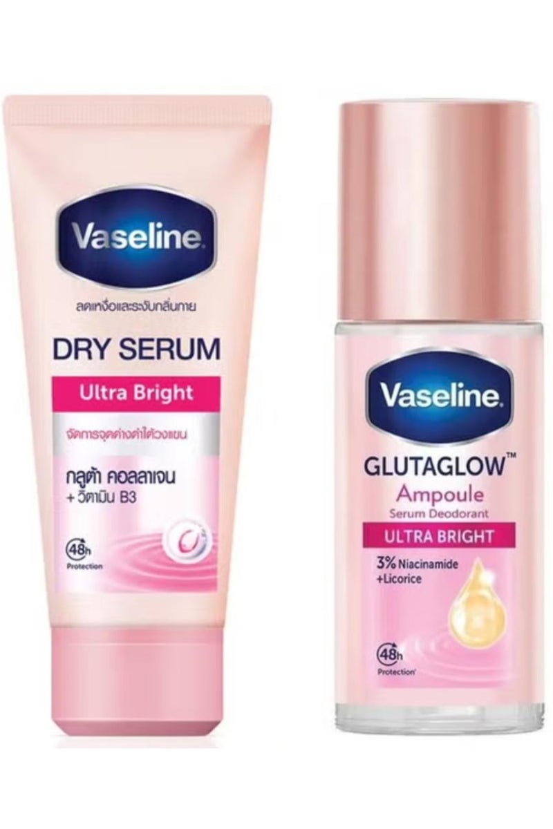 Vaseline The Best Set For Body Two Pcs Deodorant Ultra Bright Dry Serum 45ml+Roll On Glutaglow Ultra Bright Ampoule Serum Deodorant 45 ml