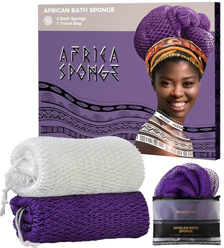 RelaxScene African Net Sponge Authentic - 2 Pieces Exfoliating Body Scrubber Bath Sponge - Back Scrubber Washcloth for Shower White&Purple - Real African Scrub Exfoliator Body Care Bathing Accessorie - Image 1