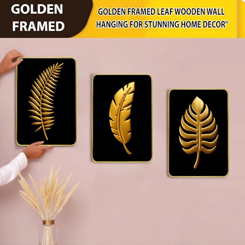 Rousrie Premium Wall Hanging With Golden Frame | Wooden Hanging For Living Room Decoration | Modern Home Decor, Pack of 3, A4 - Image 2