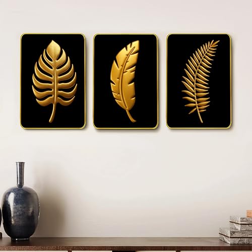 Rousrie Premium Wall Hanging With Golden Frame | Wooden Hanging For Living Room Decoration | Modern Home Decor, Pack of 3, A4 - Image 1