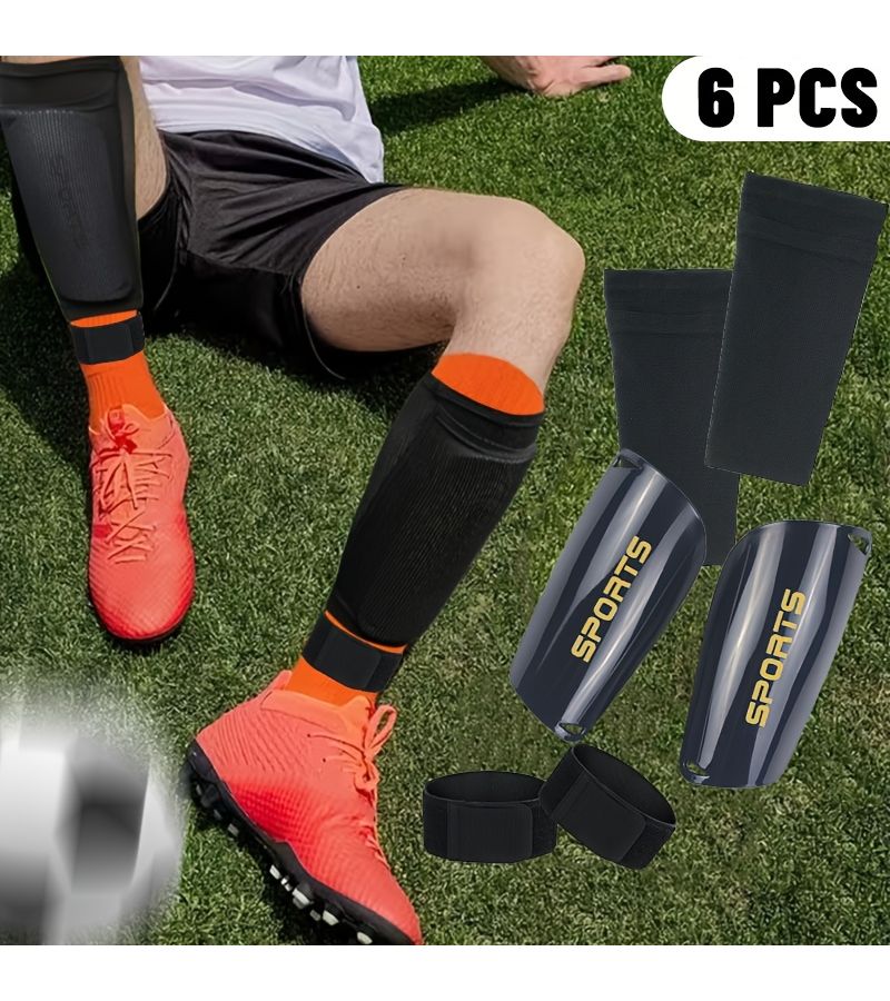 Football Leg Calf Brace with Shin Guards Sock Covers Fastening Straps for Football Training Matches Unisex Black Size L - Image 1