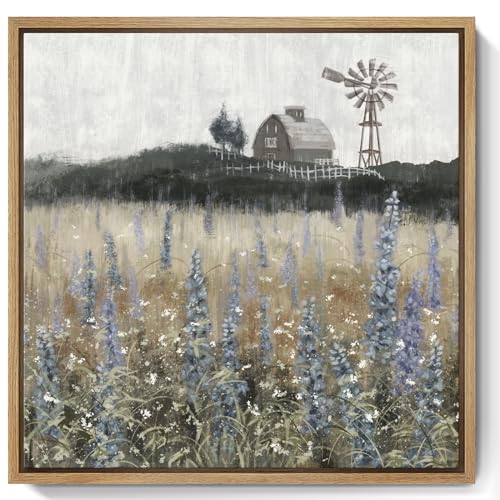 Nicetop Bathroom Wall Art Vintage Farmhouse Canvas Print Retro Countryside Flower Field Nature Meadow Landscape Rustic Windmill Barn Picture Framed Artwork for Home Bedroom Living Room Black Purple 14x14inch - Image 1
