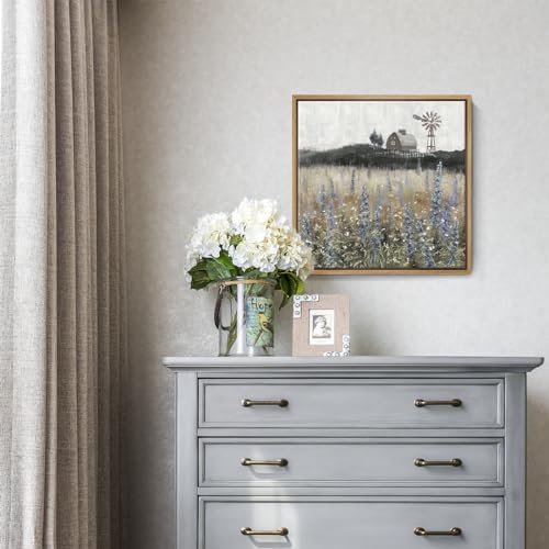 Nicetop Bathroom Wall Art Vintage Farmhouse Canvas Print Retro Countryside Flower Field Nature Meadow Landscape Rustic Windmill Barn Picture Framed Artwork for Home Bedroom Living Room Black Purple 14x14inch - Image 3