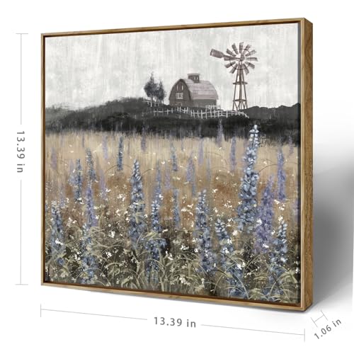 Nicetop Bathroom Wall Art Vintage Farmhouse Canvas Print Retro Countryside Flower Field Nature Meadow Landscape Rustic Windmill Barn Picture Framed Artwork for Home Bedroom Living Room Black Purple 14x14inch - Image 4