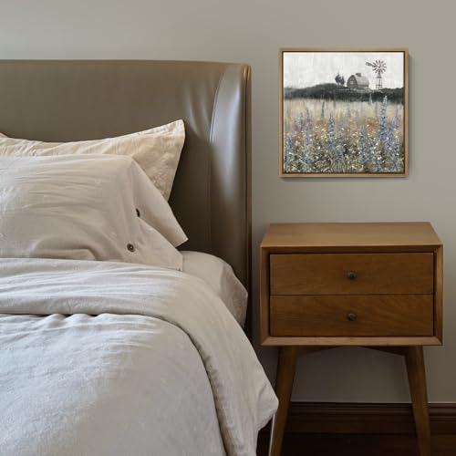 Nicetop Bathroom Wall Art Vintage Farmhouse Canvas Print Retro Countryside Flower Field Nature Meadow Landscape Rustic Windmill Barn Picture Framed Artwork for Home Bedroom Living Room Black Purple 14x14inch - Image 2