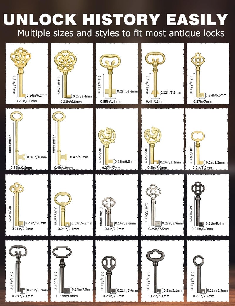 Mellbree Skeleton Key, 20PCS Universal Hollow Barrel Antique Keys for Vintage Furniture, Jewelry Box, Curio Cabinet & Old Doors Lock Replacement - Image 4
