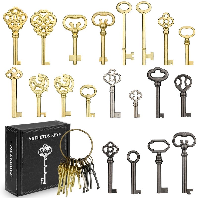 Mellbree Skeleton Key, 20PCS Universal Hollow Barrel Antique Keys for Vintage Furniture, Jewelry Box, Curio Cabinet & Old Doors Lock Replacement - Image 1