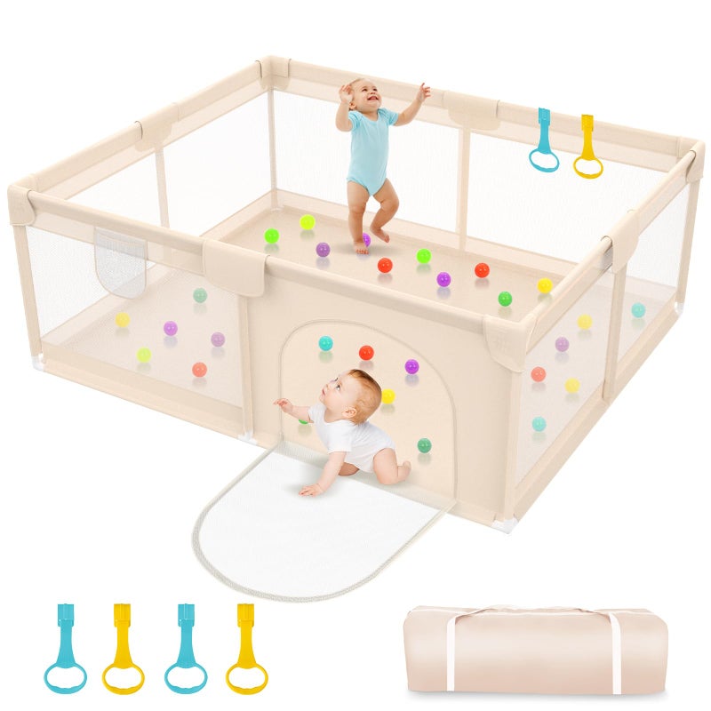 Abdtech Playpen for Babies and Toddlers 79x71inch - Extra Large Baby Gate Play Pen with Soft Breathable Mesh Cover - Indoor and Outdoor Baby Playard - Portable Playpen for Babies (Apricot) - Image 1