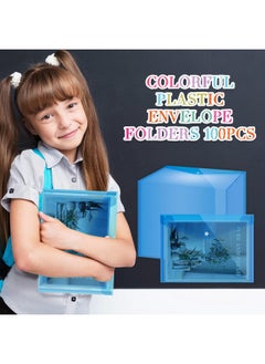 Zhehao 100 Pcs Clear Envelopes With Snap Button Closure A4 Letter Size Plastic Envelope Folder Poly Document Envelopes With Button Closure File Folders For School Home Office (Bluesimple Style)  - Image 2