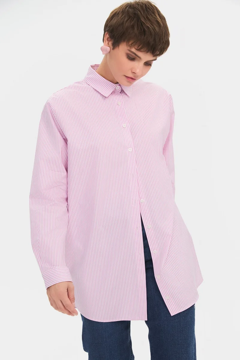 جون Women's Oversize/loose Cut 100% Cotton Lilac Striped Shirt