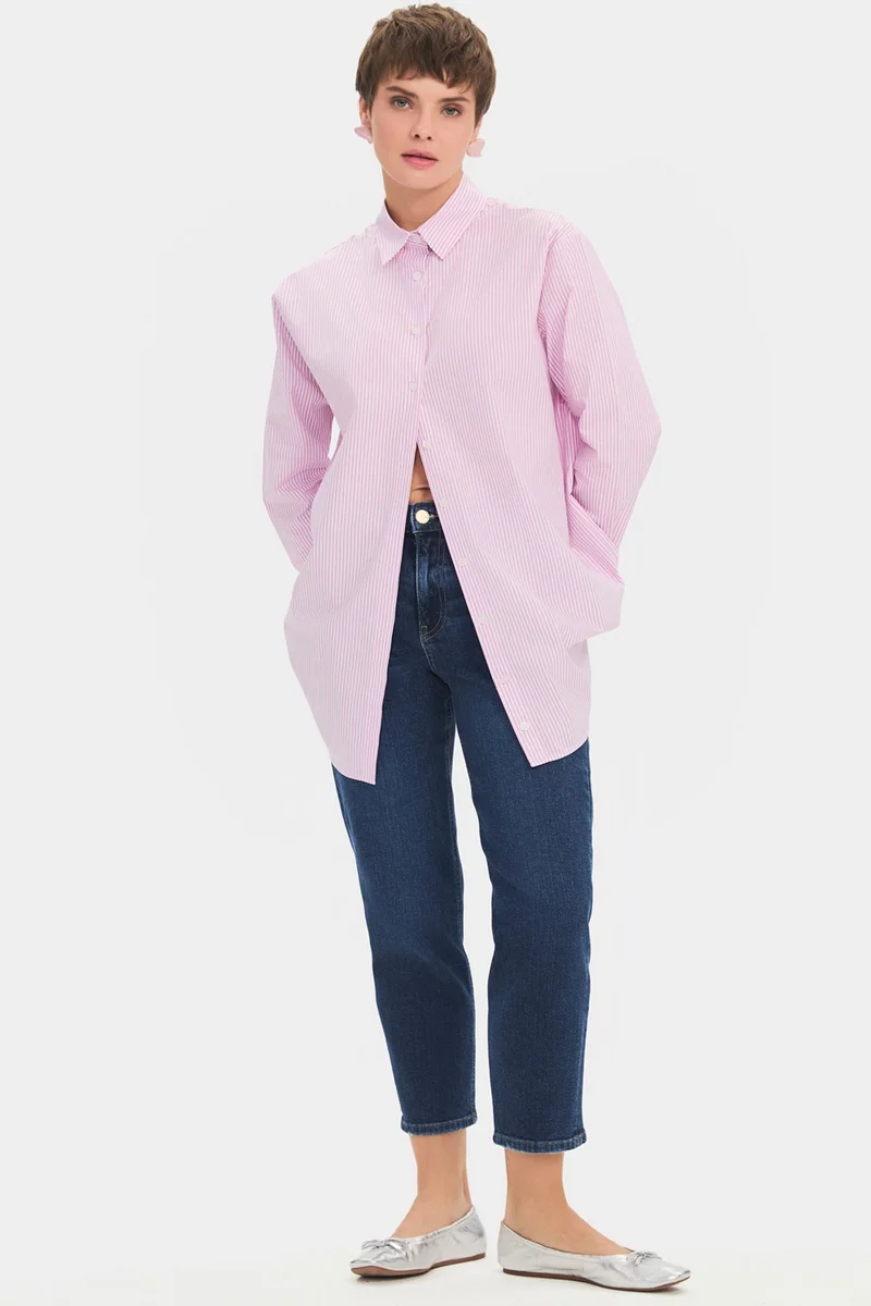 جون Women's Oversize/loose Cut 100% Cotton Lilac Striped Shirt