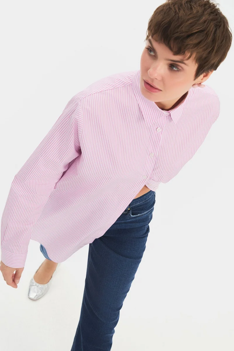 جون Women's Oversize/loose Cut 100% Cotton Lilac Striped Shirt