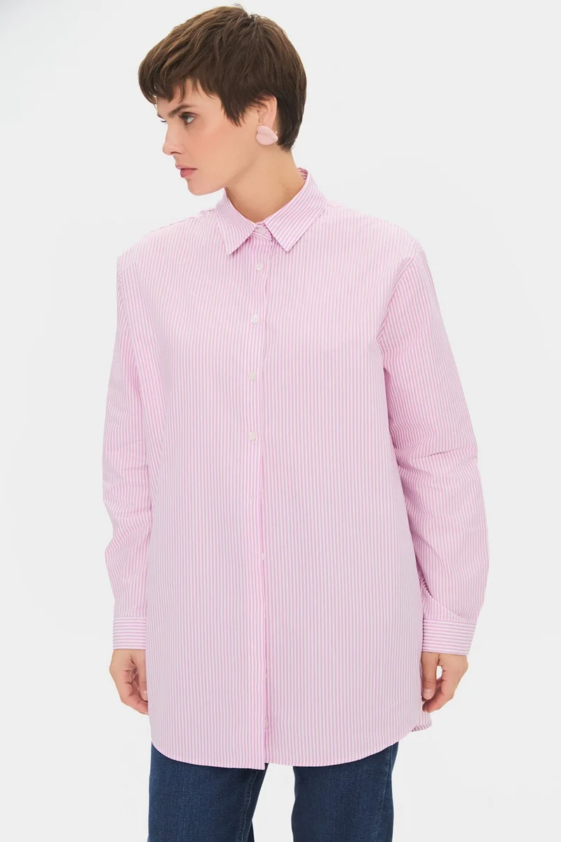 جون Women's Oversize/loose Cut 100% Cotton Lilac Striped Shirt