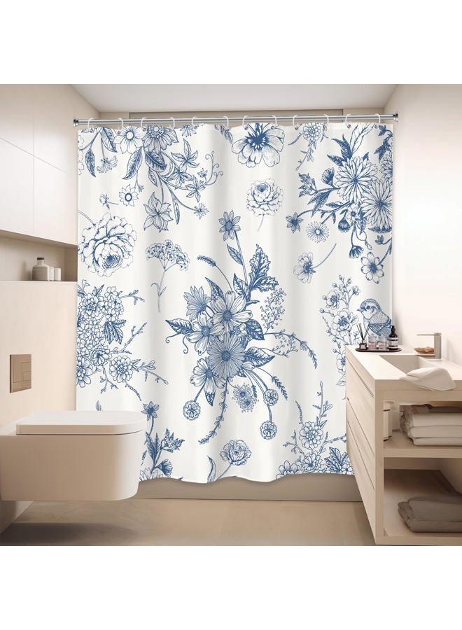 LIGHTINHOME Blue Floral Shower Curtain 72Wx72H Inches,Boho Vintage Navy and White Flowers Bathroom Curtains,Decorative Bird Farmhouse Shower Curtain Set,Chinoiserie Aesthetic Bathroom Decor with Hooks - Image 4