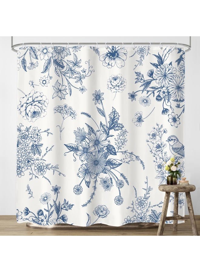 LIGHTINHOME Blue Floral Shower Curtain 72Wx72H Inches,Boho Vintage Navy and White Flowers Bathroom Curtains,Decorative Bird Farmhouse Shower Curtain Set,Chinoiserie Aesthetic Bathroom Decor with Hooks - Image 2