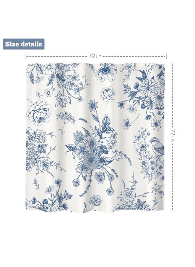 LIGHTINHOME Blue Floral Shower Curtain 72Wx72H Inches,Boho Vintage Navy and White Flowers Bathroom Curtains,Decorative Bird Farmhouse Shower Curtain Set,Chinoiserie Aesthetic Bathroom Decor with Hooks - Image 5
