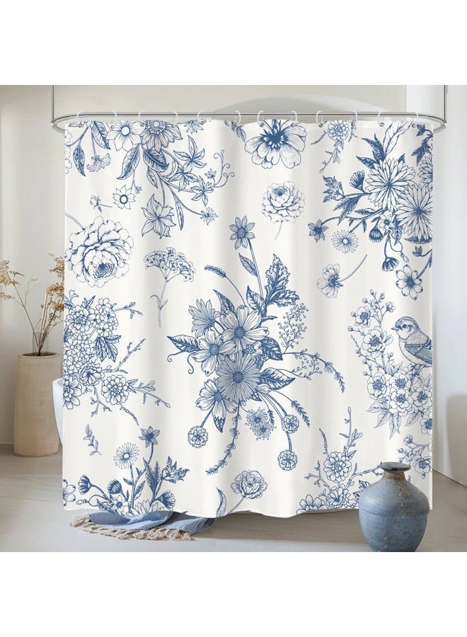 LIGHTINHOME Blue Floral Shower Curtain 72Wx72H Inches,Boho Vintage Navy and White Flowers Bathroom Curtains,Decorative Bird Farmhouse Shower Curtain Set,Chinoiserie Aesthetic Bathroom Decor with Hooks - Image 1