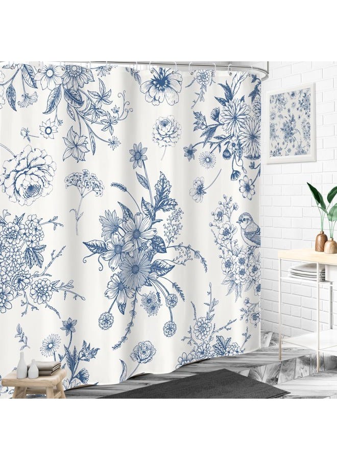 LIGHTINHOME Blue Floral Shower Curtain 72Wx72H Inches,Boho Vintage Navy and White Flowers Bathroom Curtains,Decorative Bird Farmhouse Shower Curtain Set,Chinoiserie Aesthetic Bathroom Decor with Hooks - Image 3