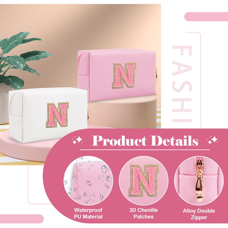 ChaoGreat Personalized Initial A-Z Preppy Patch Makeup Bag Small Pu Leather Chenille Letter Cosmetic Bag With Zipper For Teen Girls Pink Cute Travel Toiletry Bag Birthday Monogrammed Gift For Daughter Letter N - Image 3