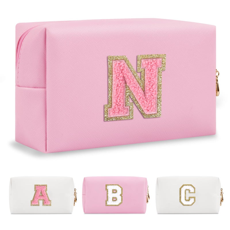 ChaoGreat Personalized Initial A-Z Preppy Patch Makeup Bag Small Pu Leather Chenille Letter Cosmetic Bag With Zipper For Teen Girls Pink Cute Travel Toiletry Bag Birthday Monogrammed Gift For Daughter Letter N - Image 1